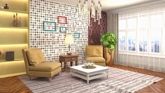 Renderização 3D do interior da sala de estar