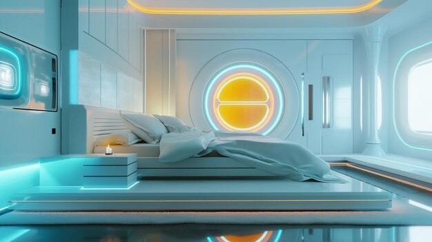 Renderização 3D do interior de um quarto futurista com uma cama