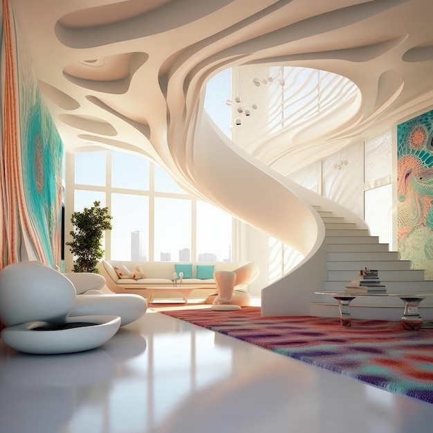 Renderização 3D do interior de uma casa de um andar Um conceito de uma área moderna escadas coloridas e curvas