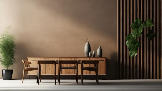 Foto renderização 3d do interior de uma mesa de jantar de madeira e de uma gaveta de armazenamento de madeira em uma sala de jantar