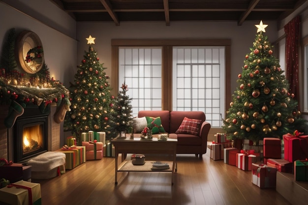 Renderização 3D do interior de uma sala de estar com uma árvore de Natal e presentes