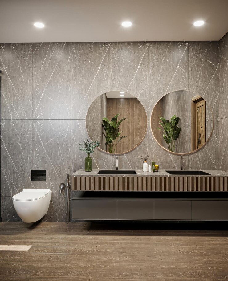 Foto renderização 3d do interior do banheiro moderno com espelhos circulares, plantas decorativas, iluminação de teto