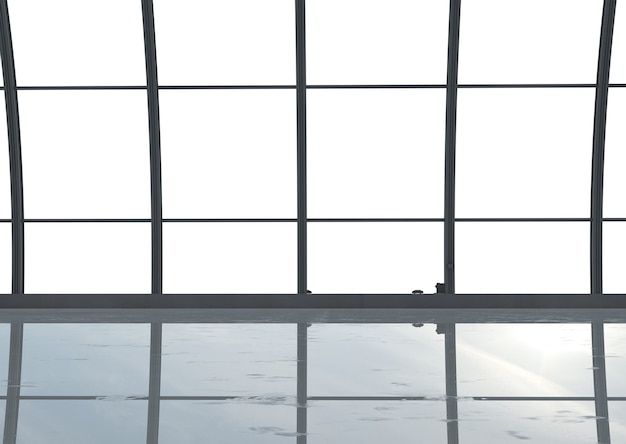 Renderização 3D do interior do terminal do aeroporto com vidros de janela