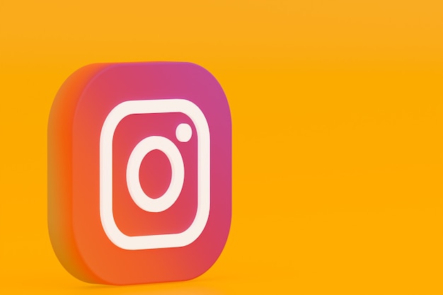 Renderização 3D do logotipo do aplicativo Instagram em fundo amarelo