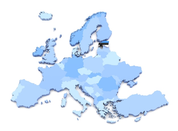 Renderização 3D do mapa da Europa, Estônia com bandeira