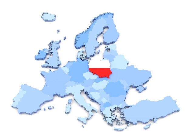 Renderização 3D do mapa da Europa, Polônia com bandeira