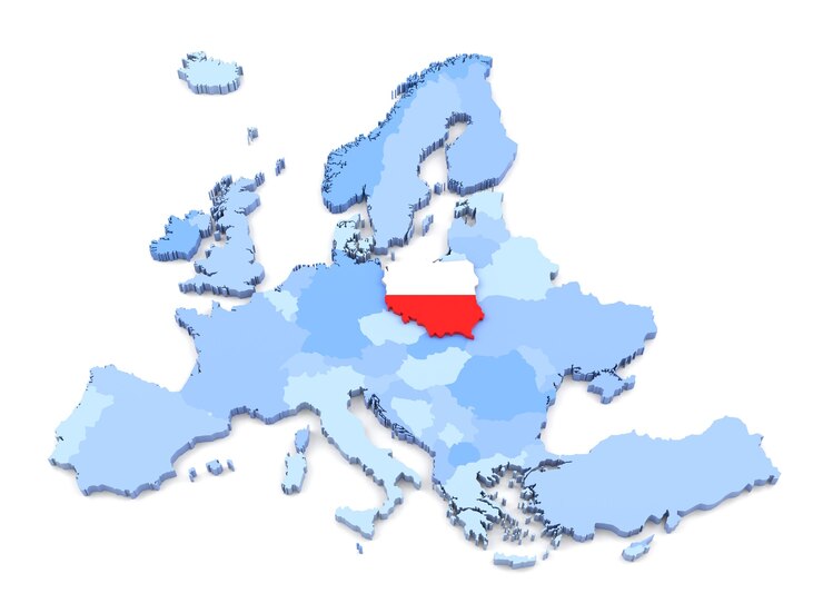Foto renderização 3d do mapa da europa, polônia com bandeira