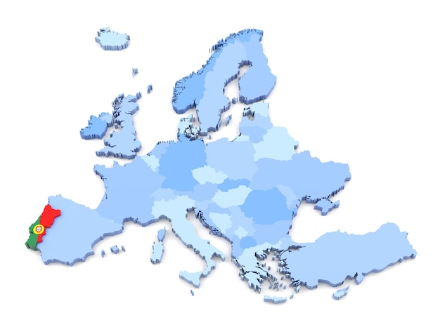 Renderização 3d do mapa da europa, portugal com bandeira