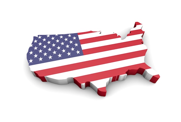 renderização 3D do mapa dos EUA coberto pela bandeira americana Vista isométrica do mapa dos Estados Unidos da América