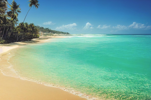 Renderização 3D do mar de praia tropical da natureza com palmeira e o oceano Água do mar azul da bela praia