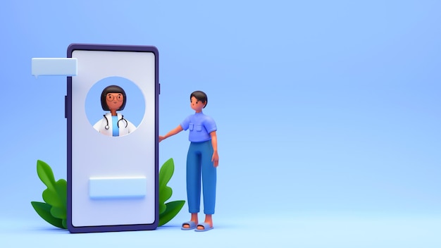 Renderização 3D do paciente conversando com o médico através do smartphone em fundo azul brilhante