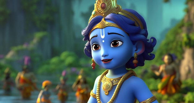 Renderização 3D do pequeno Krishna com amigos em Vrindavan