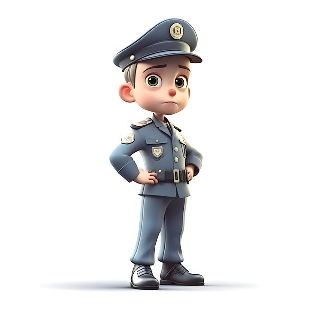 Renderização 3D do pequeno policial com fundo branco e traçado de recorte