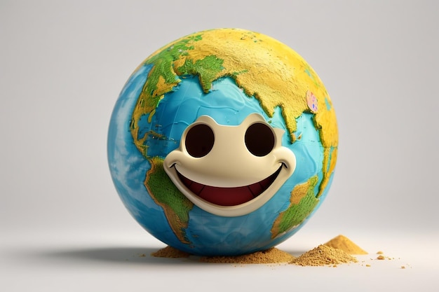 Foto renderização 3d do personagem do ícone do mundo sorridente isolado no conceito de fundo branco do dia mundial da terra 3d render ilustração estilo desenho animado