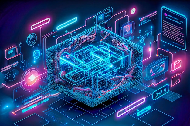 Renderização 3D do plano de fundo da tecnologia Metaverse com conexões de rede blockchain