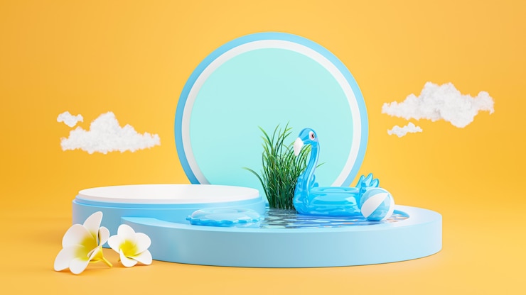 Foto renderização 3d do pódio azul com praia de verão, praia com guarda-sol, plumeria, flamingo azul inflável, conceito de piscina para exposição de produtos