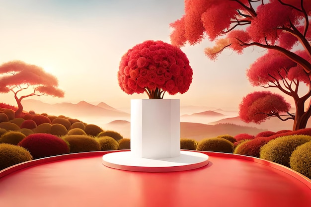 Renderização 3D do pódio branco com flores vermelhas e lindo fundo do céu