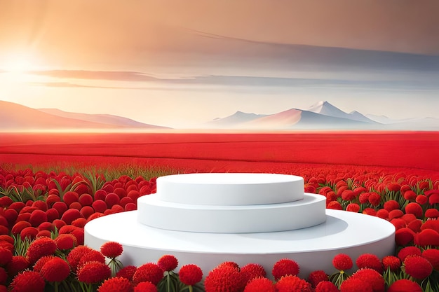 Renderização 3D do pódio branco com flores vermelhas e lindo fundo do céu