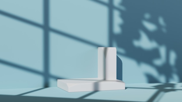 Renderização 3D do pódio branco para exibir produtos em um fundo azul da sala. Maquete para mostrar o produto.