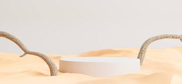 Renderização 3d do pódio com fundo do deserto, ramos para a exposição do seu produto