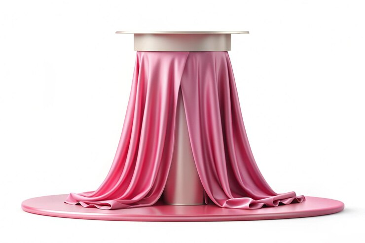 Foto renderização 3d do pódio com tecido de seda rosa isolado em fundo branco