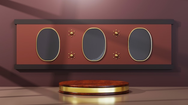 Renderização 3D do pódio de madeira com fundo de faixa de ouro. Maquete para mostrar o produto.