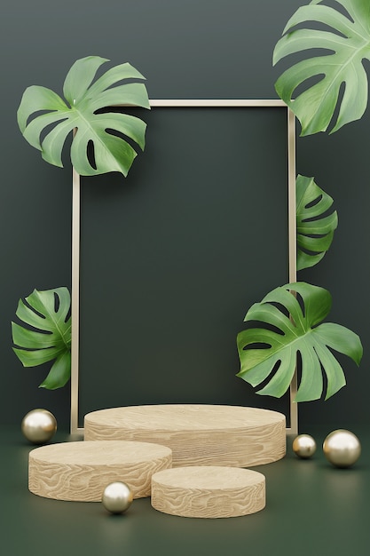 Renderização 3d do pódio de madeira para exposição do produto com folhas de monstera.