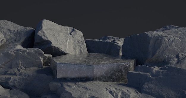 Renderização 3D do pódio de mármore e fundo de pedra