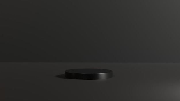 Renderização 3D do pódio do cilindro com cor preta na plataforma de fundo escuro para apresentação do produto