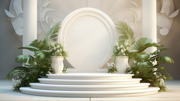 renderização 3D do pódio em branco e plantas ornamentais à esquerda e à direita