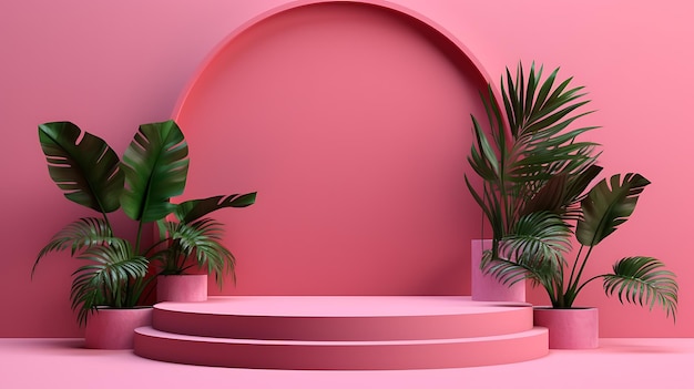renderização 3D do pódio em rosa e plantas ornamentais à esquerda e à direita