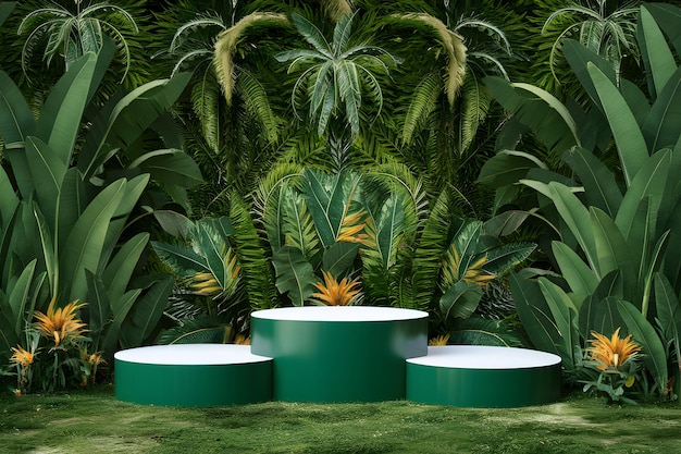 Foto renderização 3d do pódio em um fundo tropical exuberante para exibição