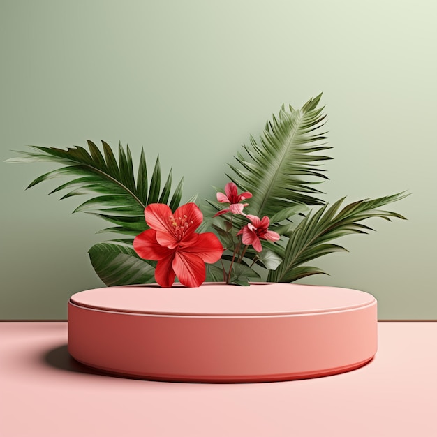 Renderização 3D do pódio rosa com flor vermelha e folhas verdes em fundo rosa