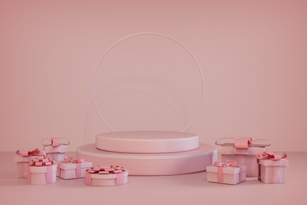 Renderização 3d do pódio rosa e vitrine de natal da caixa de presente