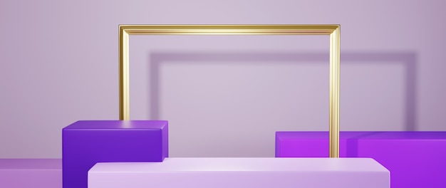 Renderização 3d do pódio square em tons de roxo para exibir produtos e fundo de moldura dourada. maquete para mostrar o produto.