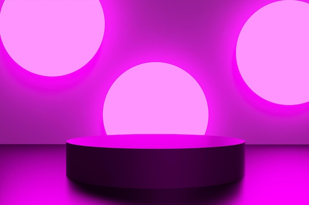 Renderização 3d do pódio violeta sobre fundo roxo com luzes de néon