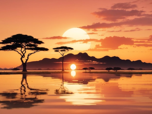 Renderização 3D do pôr-do-sol africano no estilo da arte tradicional