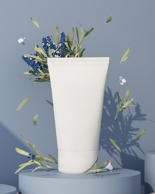 Renderização 3D do produto cosmético. Creme num pódio azul com raminhos de alecrim.