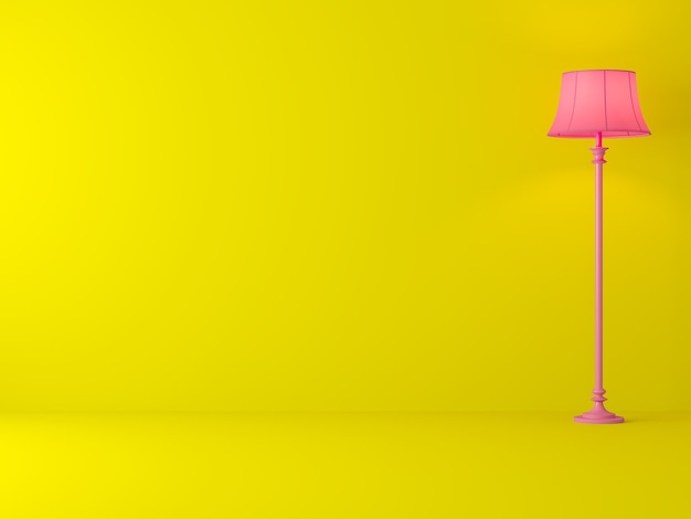 Renderização 3d do quarto amarelo de estilo minimalista decore com lâmpada rosa de estilo clássico