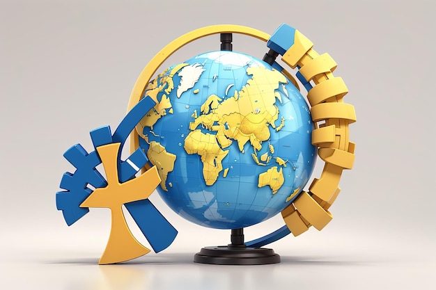 Renderização 3D do signo de paz do globo e da bandeira da Ucrânia em fundo branco conceito de não guerra parar de lutar 3D renderização ilustração estilo de desenho animado