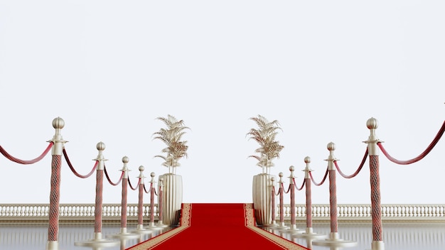 Renderização 3D do tapete de luxo vermelho com barreiras de ouro isoladas em fundo branco