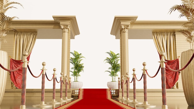 Renderização 3D do tapete vermelho com barreiras de ouro levando a um conceito VIP de pilares de colunas douradas