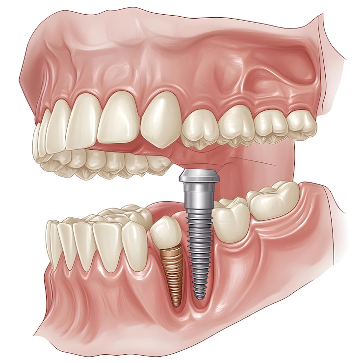 Foto renderização 3d em close-up de cirurgia de implante dental mostrando o processo passo a passo de colocação de um implante de titânio no osso da mandíbula com precisão anatômica detalhada