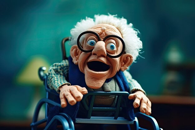 Renderização 3D em estilo de desenho animado retratando um homem idoso em cadeira de rodas