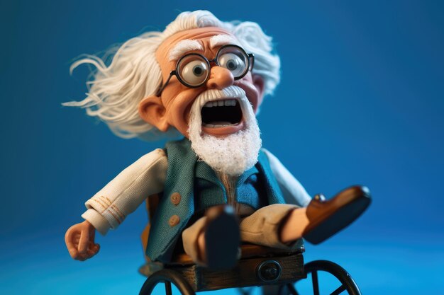 Renderização 3D em estilo de desenho animado retratando um homem idoso em cadeira de rodas