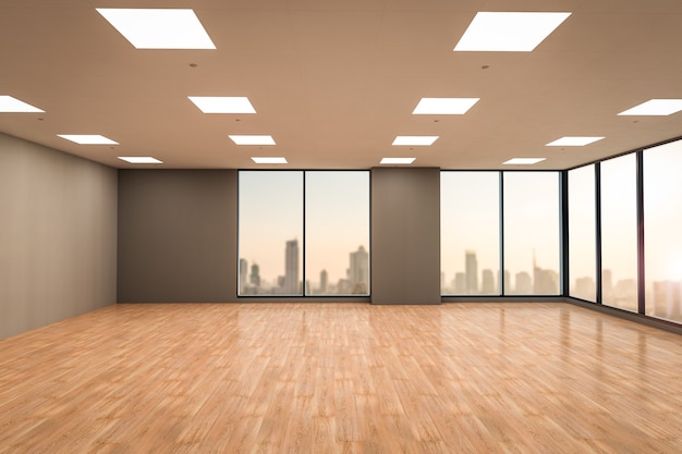 Renderização 3D espaço de escritório vazio com piso de madeira