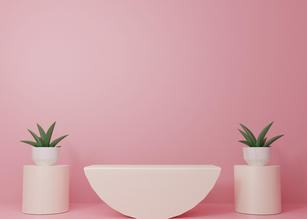 Renderização 3D Estande de produtos em pódio com display rosa pastel