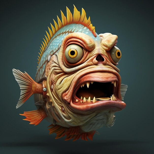 Foto renderização 3d expressiva de peixe zangado segurando um peixe