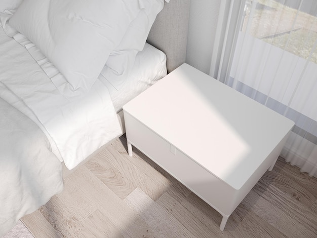 renderização 3D fechar o espaço vazio da mesa de cabeceira ou mesa de cabeceira com cama moderna