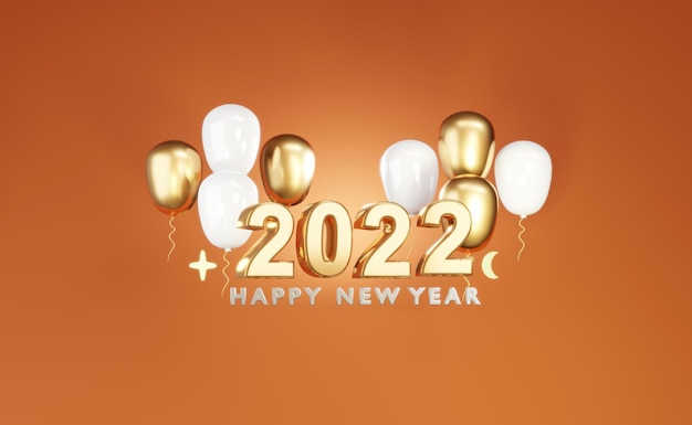 Renderização 3D Feliz Ano Novo 2022 Balões dourados e brancos realistas